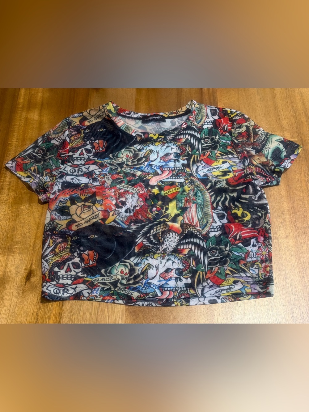 Vintage Ed Hardy by Christian Audigier All-Over Print Tattoo Mesh Crop Top Tee
